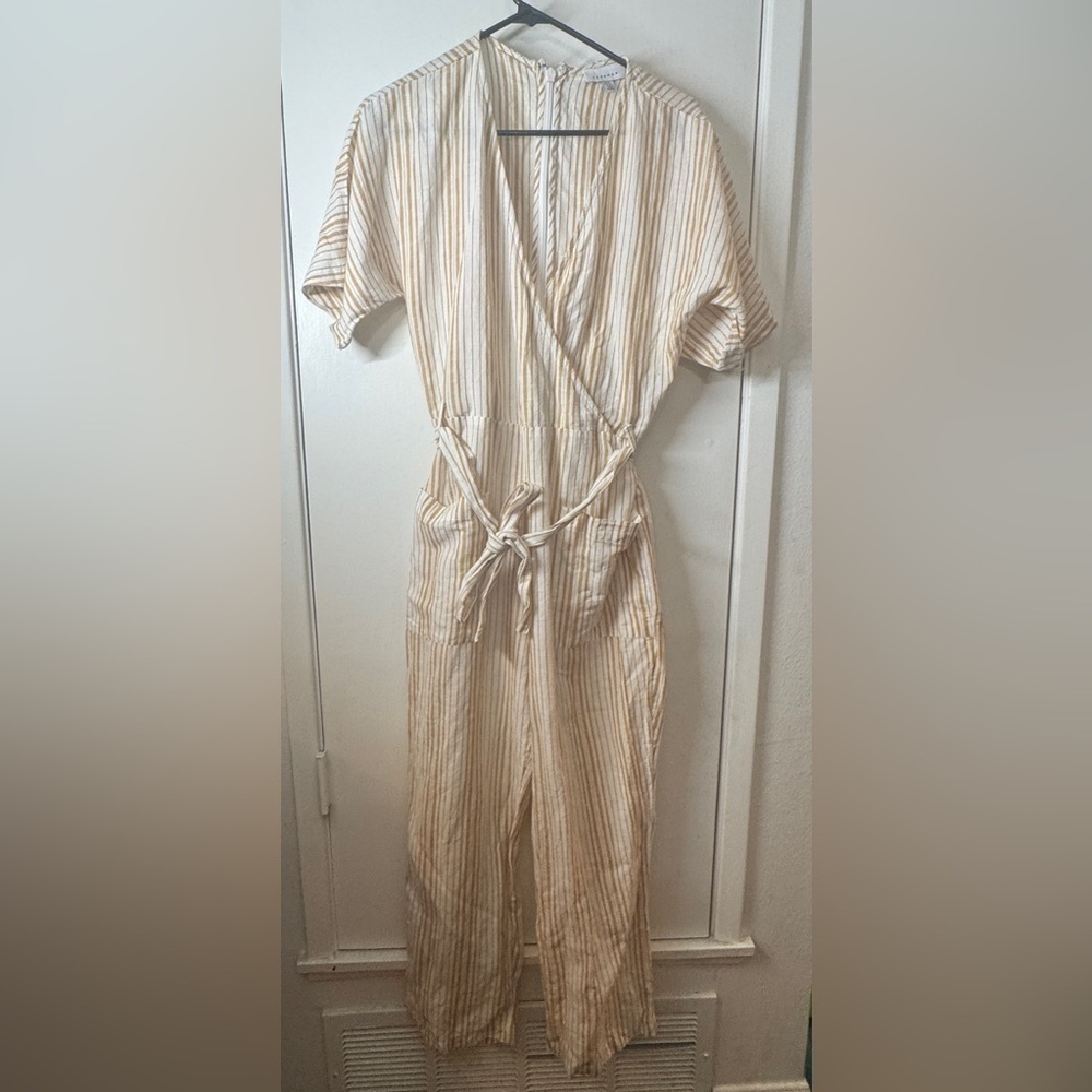 Topshop Linen Cotton Blend Mustard Yellow White Striped Jumpsuit US Size 10 - Picture 2 of 15